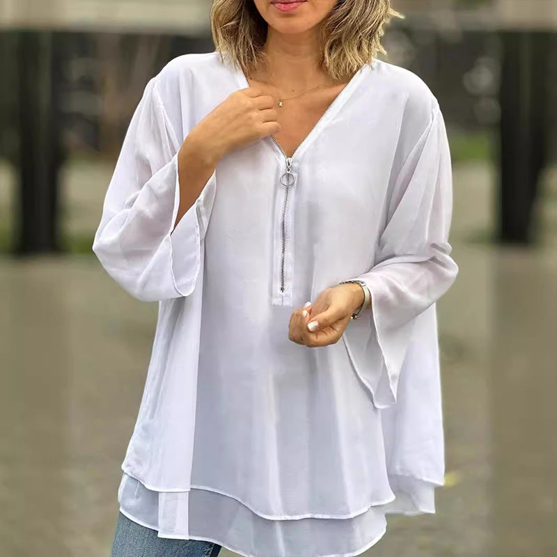 Blouse with Zipper and V-Neck