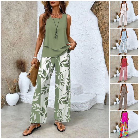 Two-piece outfit: sleeveless top and wide-leg trousers