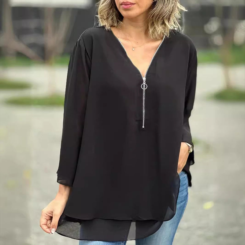 Blouse with Zipper and V-Neck