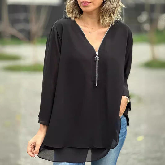 Blouse with Zipper and V-Neck