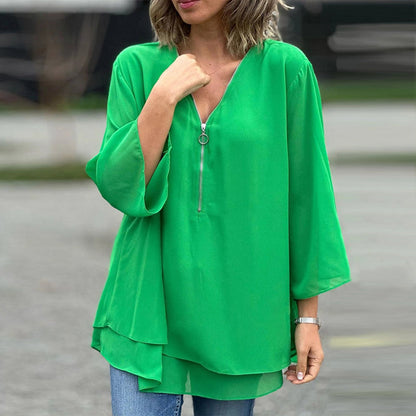 Blouse with Zipper and V-Neck