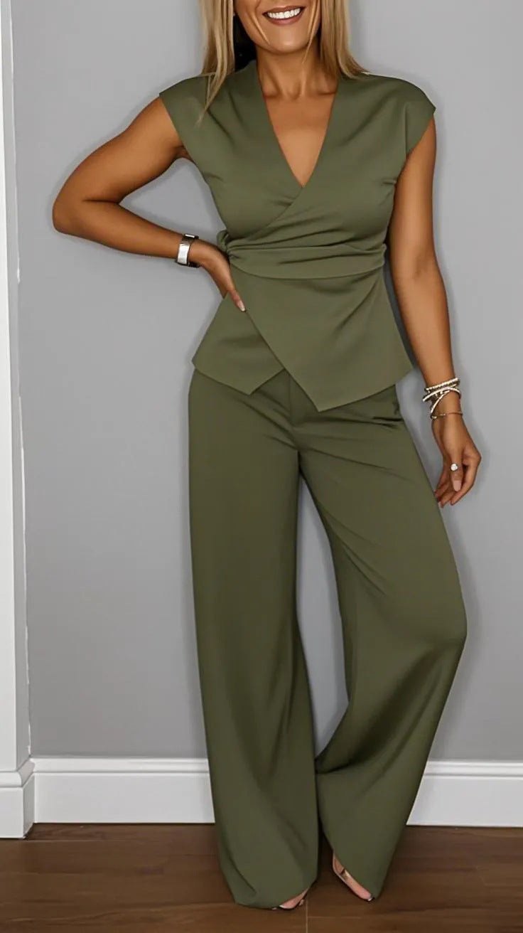 Two-piece set with a wrap blouse and flared pants