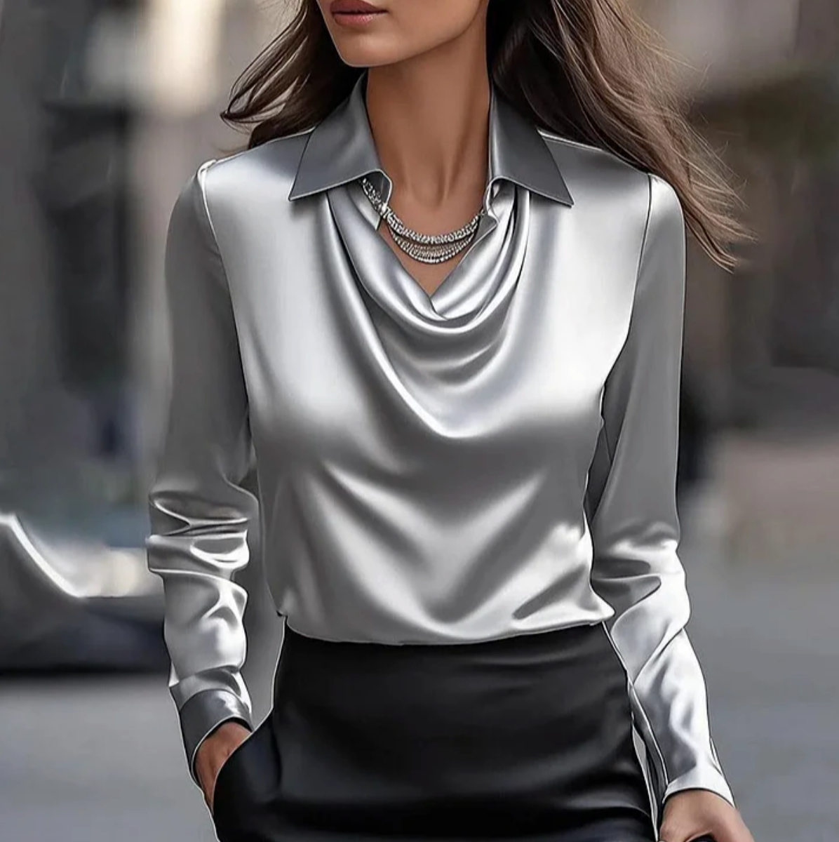 Luxe Regina™ – Elegant Satin Blouse with Draped Neckline