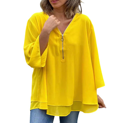 Blouse with Zipper and V-Neck