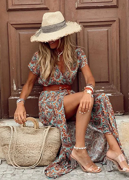 Bohemian Maxi Dress with Pleated Waist